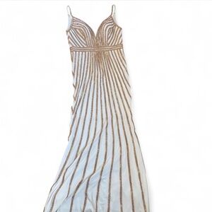 Jovani White Maxi with Gold Beaded Linear Accents